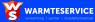 Warmteservice logo met driehoekig embleem en tekst verwarmings-, sanitair- en installatiemateriaal op blauwe achtergrond.