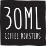 Zwart-wit logo van 30ML Coffee Roasters met bedrijfsnaam in grote witte letters.