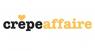 Logo van Crêpeaffaire met zwarte en gele letters en een geel hart boven de letter r.