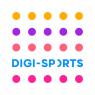 Logo van Digi-Sports met gekleurde stippenpatroon in oranje, paars en roze boven de blauwe tekst.