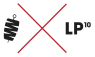 Zwart-witte kebab op spies links, rode diagonale X in midden, zwarte tekst LP10 rechts.