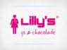 Logo van Lilly's ijs en chocolade in roze letters naast een gestileerde vrouw met een ijsje.
