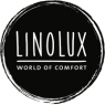 Zwart-wit logo van Linolux met de tekst World of Comfort in een cirkel.