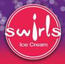 Rond roze logo van Swirl's Ice Cream met witte tekst en paarse achtergrond.