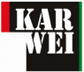 Karwei-logo met zwarte achtergrond en rode en groene lijnen links en rechts.