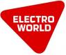Rood driehoekig logo met witte tekst Electro World, gericht op elektronica en huishoudelijke apparaten.