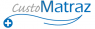 CustoMatraz logo met blauwe letters en een plus-symbool in een cirkel.