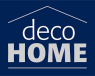 Logo van Deco Home met witte tekst op een donkerblauwe achtergrond, omlijst door een huisvorm.