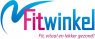 Logo van Fitwinkel met de slogan Fit, vitaal en lekker gezond! in blauw en roze kleuren.