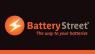 Logo van Battery Street met oranje bliksemsymbool en slogan The way to your batteries op zwarte achtergrond.