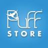 Puff Store logo op een blauwe achtergrond met witte letters en een duif symbool in de P.