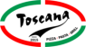 Logo van Pizzeria en Grillroom Toscana met Italiaanse kleuren en opschrift Pizza Pasta Grill.