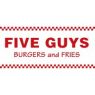 Het logo van Five Guys met rode tekst FIVE GUYS BURGERS and FRIES en een rood-wit geruit patroon.