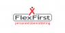 FlexFirst logo met grijs-witte tekst in zwart kader en rood figuurtje erboven, ondertitel personeelsbemiddeling.