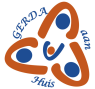 Logo van Gerda aan Huis met oranje en blauwe gestileerde figuren in een cirkelvorm.