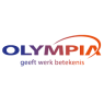 Het logo van Olympia Uitzendbureau met de slogan geeft werk betekenis in gekleurde letters.