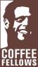 Logo van Coffee Fellows met gestileerde illustratie van een lachende man op een bruine achtergrond.