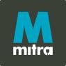 Het Mitra-logo met een grote blauwe M en witte tekst op een donkere achtergrond.