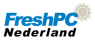 FreshPC-logo met blauw opschrift en grijs silhouet van een kaart met een witte cirkel.