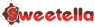 Sweetella-logo met rode en bruine letters in een speelse, chocoladeachtige stijl.