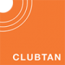 Oranje CLUBTAN-logo met witte tekst en cirkels op een vierkante achtergrond.
