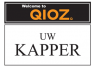 Logo van QIOZ met de tekst Welcome to QIOZ en UW KAPPER op een zwart-witte achtergrond.