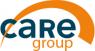 Logo van Care Group met de tekst care in blauw en group in oranje, gedeeltelijk omarmd door een oranje boog.