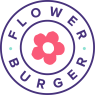 Logo van Flower Burger met rozet en tekst in een cirkel.