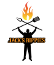 Silhouet van een man met BBQ-gereedschap onder een vurige pijl, met de tekst Jack's Rippies.
