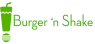 Groen logo van Burger 'n Shake met een milkshake en hamburgerpictogram.
