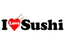 Logo van I Love Sushi met een rood hart, eetstokjes en stijlvolle zwarte letters.