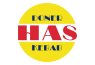 Logo van Has Doner Kebab met gele achtergrond en rode en blauwe tekst.
