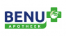 Logo van BENU Apotheek met blauwe en groene kleuren en een gestileerd vogelmotief in een groen kruis.