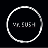 Mr. Sushi logo met witte cirkel en rode onderstreping op zwarte achtergrond.