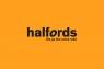 Halfords logo met de slogan We go the extra mile op een oranje achtergrond.