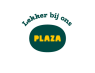 Logo van Plaza met de slogan 'Lekker bij ons' in groene en gele kleuren.