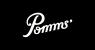 Wit Pomms' logo met cursieve letters op een zwarte achtergrond.