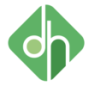 Groen logo van Delicious & Healthy met gestileerde initialen dh op een diamantvormige achtergrond.