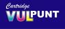 Donkerblauw logo van Cartridge VULpunt met kleurrijke letters op een effen achtergrond.