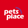 Pets Place logo op rode achtergrond met witte tekst en paarse halve cirkel.