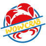 Rood krablogo met de tekst WowCrab schuin over het midden in geel binnen een blauwe cirkel.