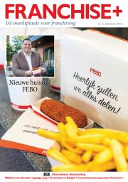 Tijdschriftcover Franchise+ met focus op FEBO's nieuwe huisstijl en eten, met een man in een bijgevoegd kader.