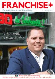 Cover van Franchise+ nummer 1, 2015 met zakenman voor een Febo-locatie en tekst over ambachtelijk snacken.