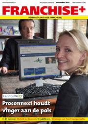 Voorpagina van Franchise+ december 2011 met Proconnex promotie en lachende vrouw voor computerscherm.
