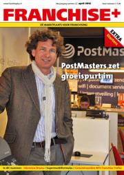 Omslag van Franchise+ april 2012 met een man voor een PostMasters-stand en tekst over groeispurt.