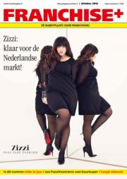 Tijdschriftcover van Franchise+ met drie modellen in zwart gekleed voor een artikel over Zizzi's lancering in Nederland.