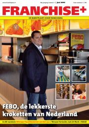 Man in een FEBO-filiaal met op de achtergrond beelden van voedselproductie en bedrijfswagens.