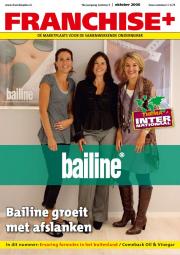 Drie vrouwen staan voor een poster van Bailine met de tekst Bailine groeit met afslanken op de Franchise+ cover.