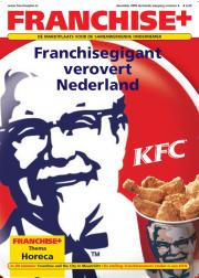 Cover van Franchise+ magazine met KFC-logo en emmer kip, thema: Franchisegigant verovert Nederland, editie 2005.