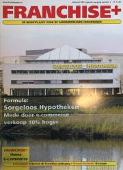 Voorkant van Franchise Plus magazine nr. 1 uit 2001 met het thema e-commerce en het gebouw van Zorgeloos Hypotheken.
